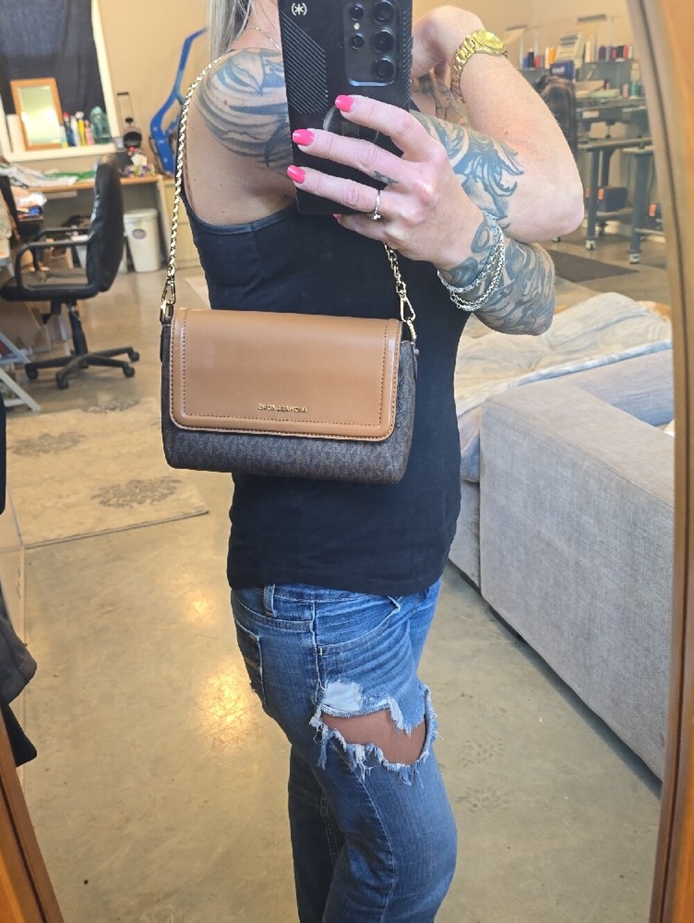 MICHAEL KORS Tan and Brown Logo-Print Chain Crossbody Bag - Picture 8 of 9